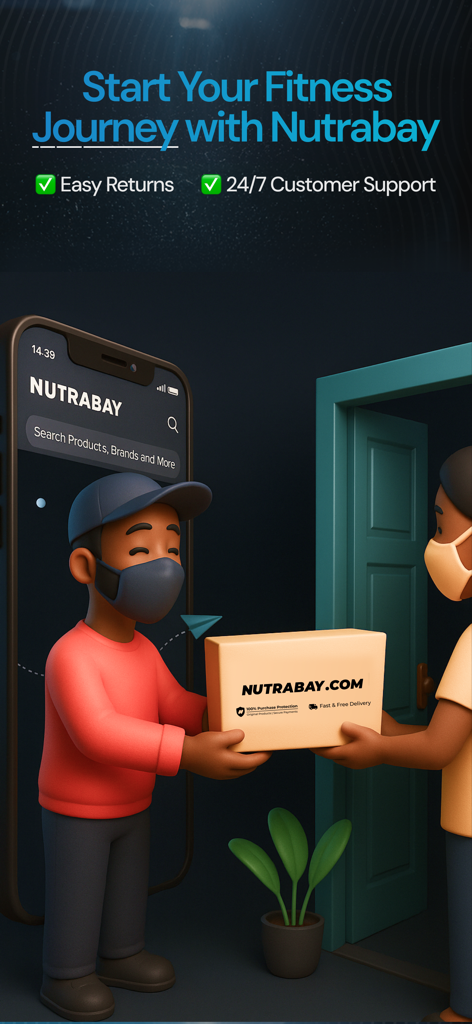 Nutrabay: Shop Supplements - A 3D illustration of a courier delivering a Nutrabay supplement package to a customer
