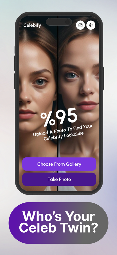 Your Famous Twin - Celebity - Interface of Celebity app showing a 95 percent celebrity lookalike similarity score with photo upload options
