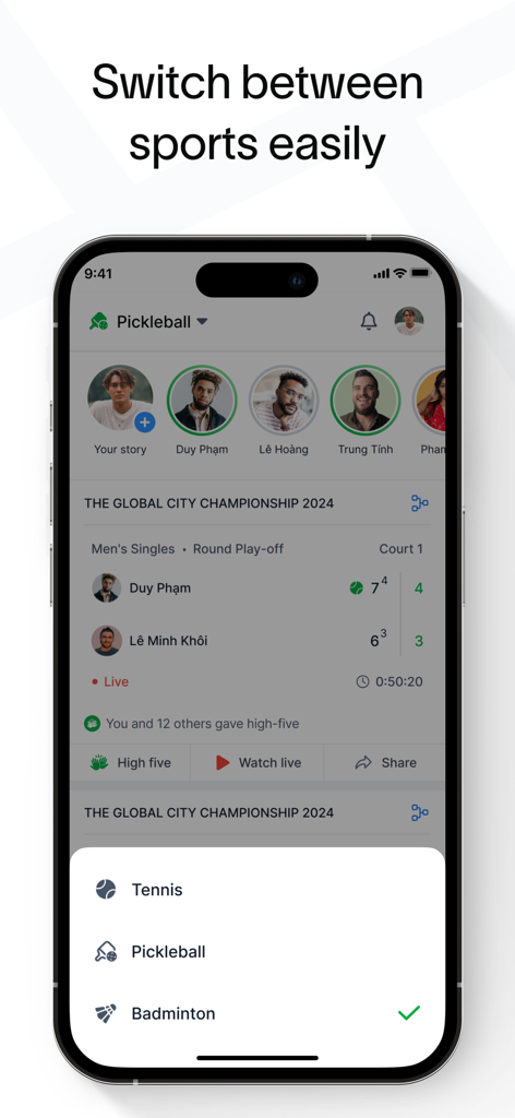 Baseline - Tennis & Pickleball - テニス、ピックルボール、バドミントンを切り替えるためのBaselineアプリのインターフェース