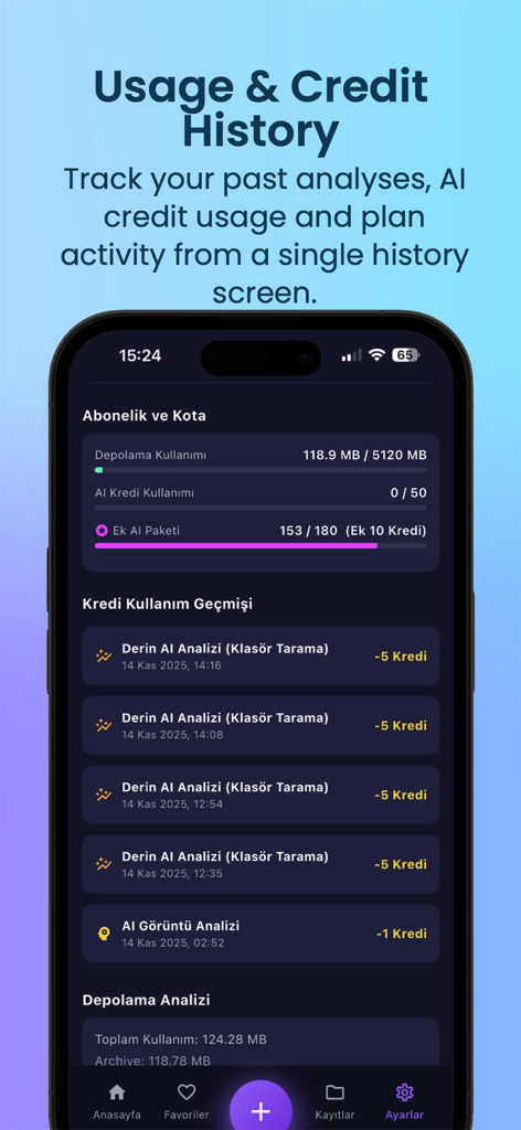 Kayrona DICOM AI Viewer - Usage and credit history screen of the Kayrona DICOM AI Viewer showing AI analysis logs and storage status.