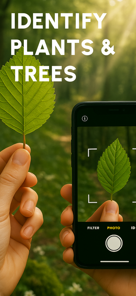 Plant Identifier - SnapLeaf - A person using the SnapLeaf app on a smartphone to identify a green tree leaf in a forest