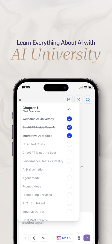 Tess AI - Tess AI University mobile app interface showing a curriculum of AI learning topics and chapters