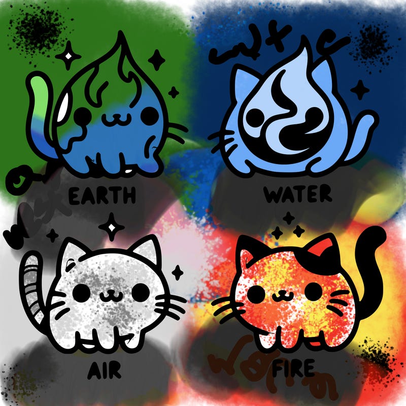 4 cats that represent the different elements, earth, water, air, and fire