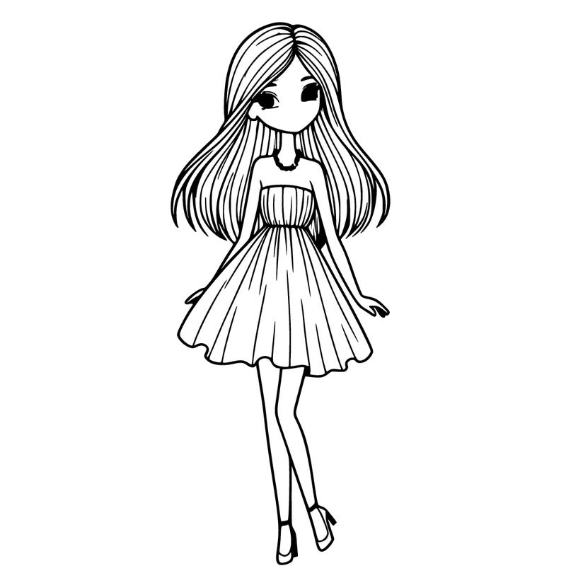 skinny girl in a elegant flowy dress with straight hair and small pearl necklace