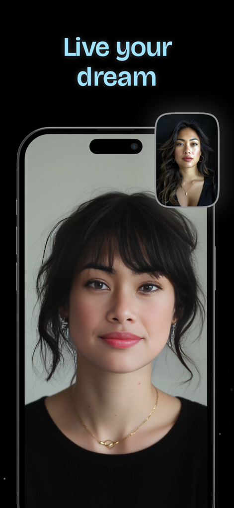 High quality AI face swap on an iPhone screen with the slogan Live your dream