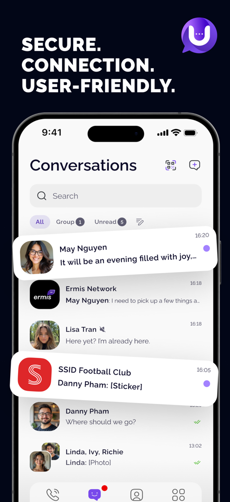Uhm: Chat & Video - Pantalla de conversaciones de la aplicación Uhm mostrando mensajes de chat grupales e individuales con una interfaz de usuario minimalista.