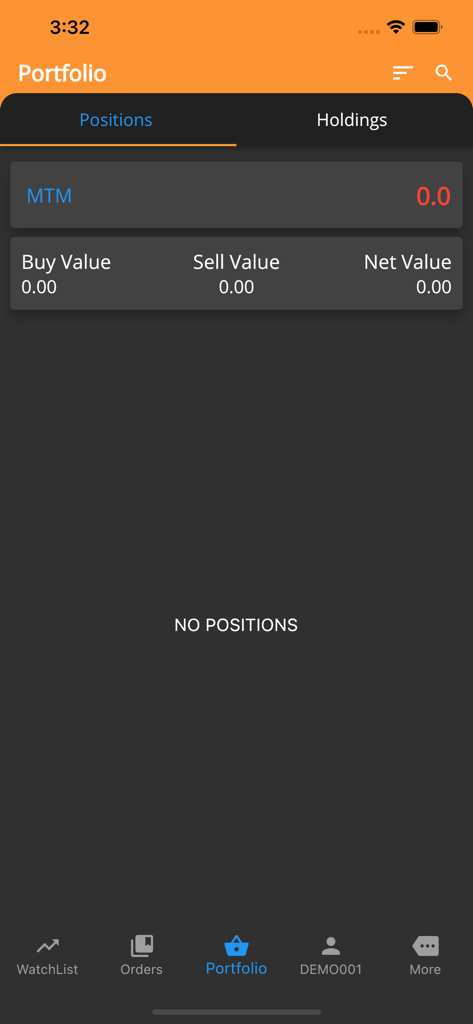 Emkay Blitz - The portfolio positions screen of the Emkay Blitz trading app showing no active positions.