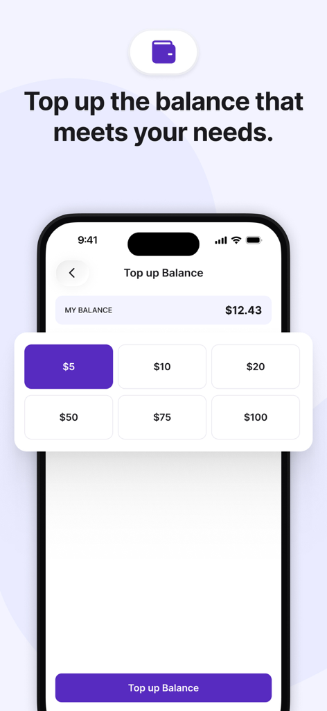 Telicall: Global Phone Calls - Mobile app interface showing options to top up calling credit balance with various dollar amounts