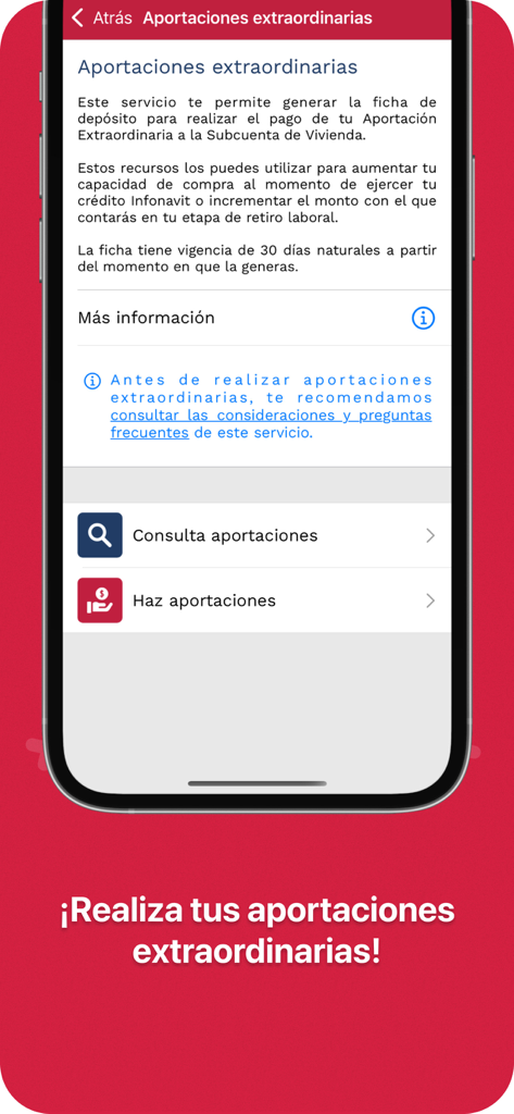 Mi Cuenta Infonavit Móvil - Pantalla de la aplicación móvil que muestra opciones para consultar o realizar aportaciones extraordinarias a una subcuenta de vivienda mexicana