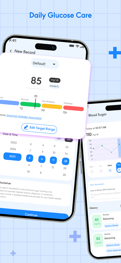 Cardiora: Blood Pressure - Cardiora app blood sugar tracking and glucose log interface