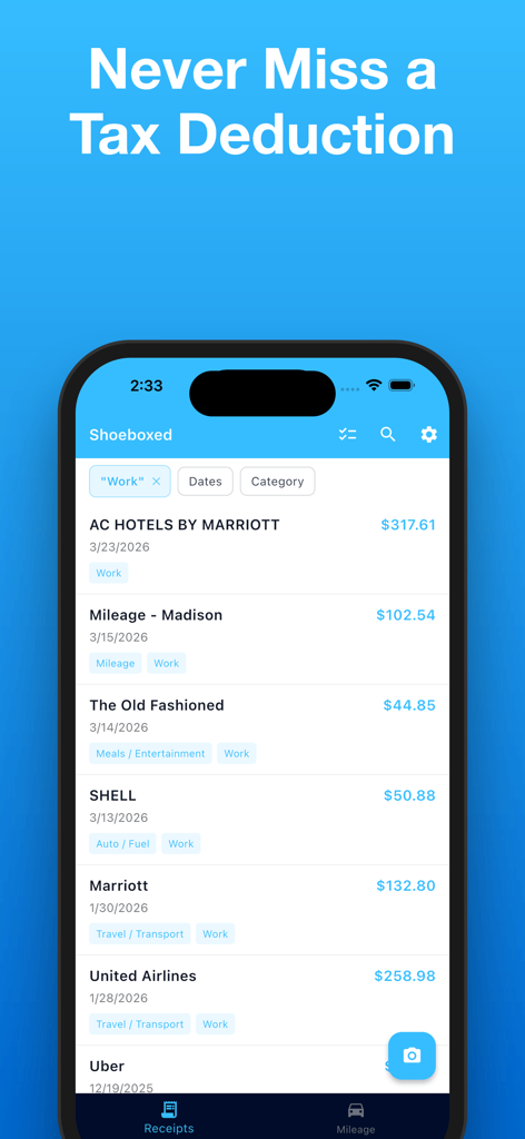 Shoeboxed: Receipt Scanner - Shoeboxed mobile app displaying a list of categorized business expenses and mileage for tax deductions