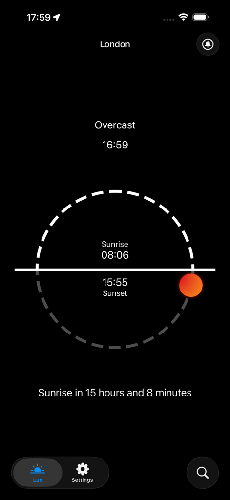 Lux - Sunrise and Sunset - The Lux app interface displaying the sun path diagram with sunrise and sunset times for London.