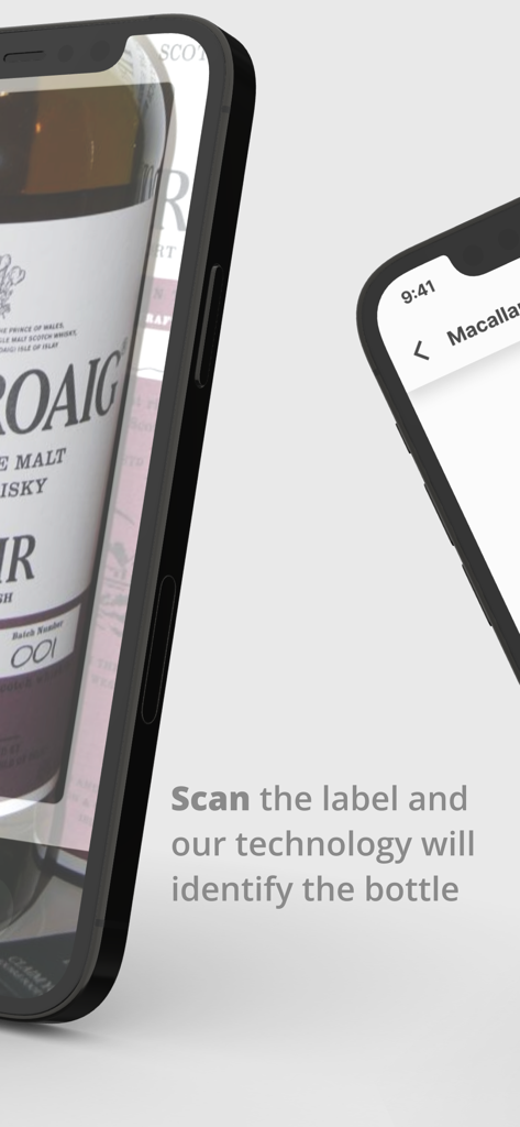 Bevvy - A smartphone using the Bevvy app to scan and identify a bottle of whisky by its label.