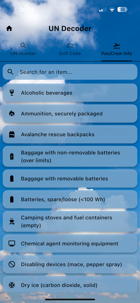 UN Decoder & Hazmat - Interface do aplicativo Decodificador UN mostrando o guia de bagagem de passageiros para segurança e conformidade na aviação.