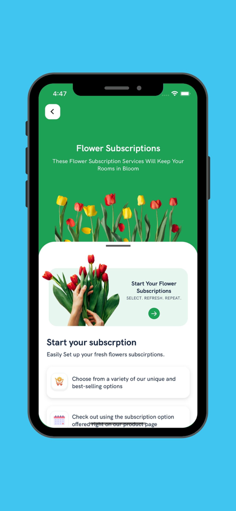 Tahani Flowers - زهور التهاني - Interface of the Tahani Flowers app highlighting flower subscription services with a bouquet of red tulips.