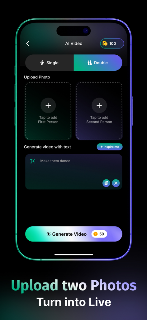 AI Video Generator - PicVideo - Screenshot of the PicVideo app interface showing the option to upload two photos to generate an AI video animation with a text prompt.
