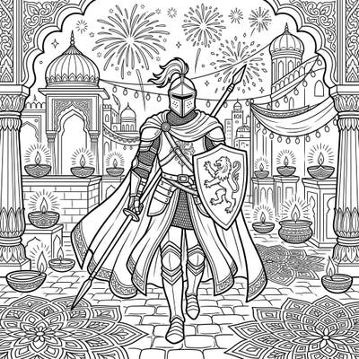 Journey with a noble knight errant as he strides through a breathtaking Diwali celebration, filled with traditional lights and festive grandeur. This unique coloring page blends medieval valor with the vibrant spirit of the festival of lights.