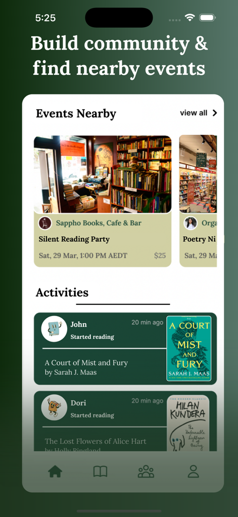 A mobile app interface displaying local bookstore events and a social activity feed for readers.