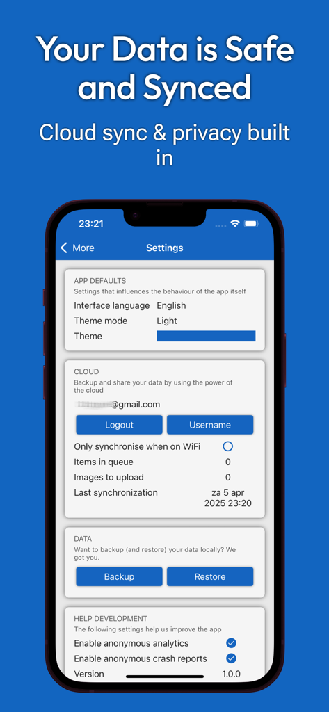 My Collections: Collect & Show - Settings screen of the My Collections app showing cloud sync and data backup features