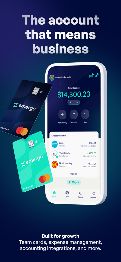 Emerge: Money Made Easy - Emerge mobile app showing a business account dashboard with balance, latest transactions, and corporate virtual cards.
