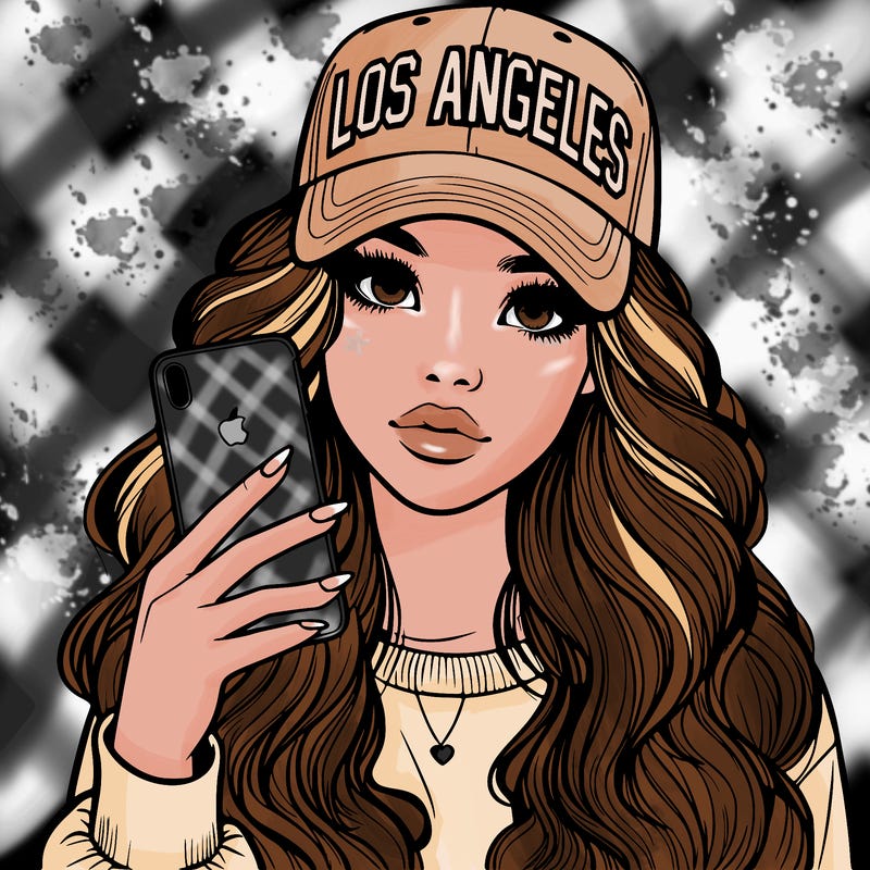 realistic beautiful girl wearing los ángeles cap holding an iphone