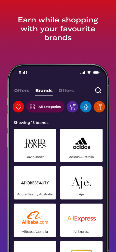 Velocity Frequent Flyer - Velocity app screen showing partner brands like Adidas and AliExpress to earn frequent flyer points while shopping
