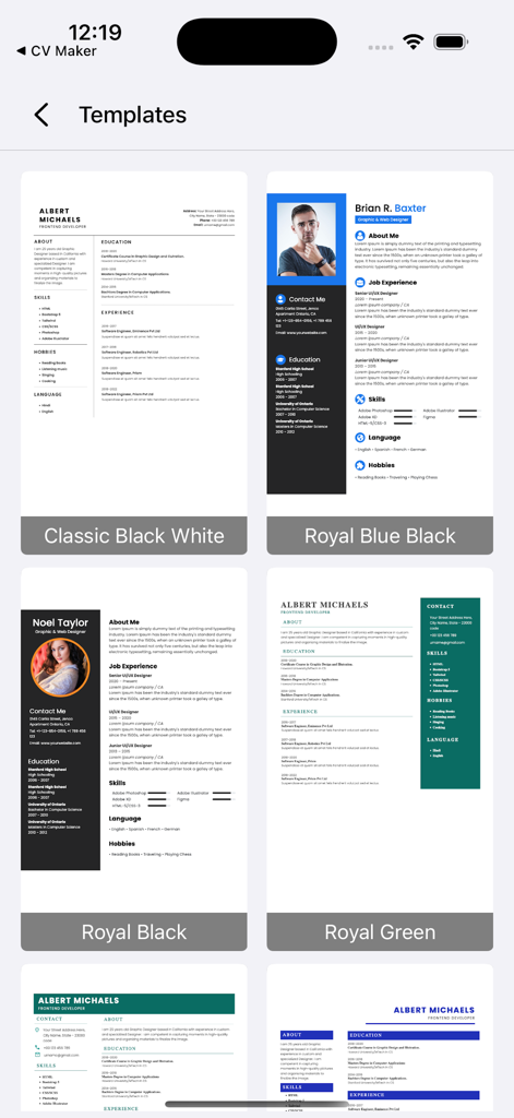CV Maker, Resume Maker - CVメーカーアプリで利用可能な、さまざまな色とレイアウトを示すモダンでプロフェッショナルな履歴書テンプレートのコレクション。