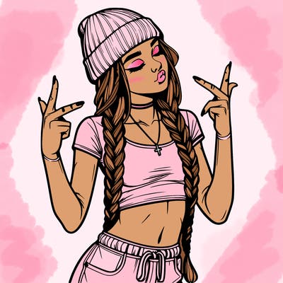 realistic teenage girl with braids and a beanie and crop top doing 🫶🏼