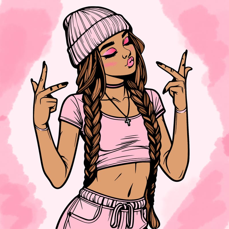 realistic teenage girl with braids and a beanie and crop top doing 🫶🏼