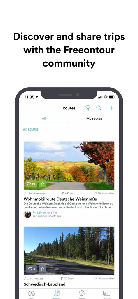 FREEONTOUR Camping App - Liste der von der Community geteilten Wohnmobilrouten in der Freeontour Camping App