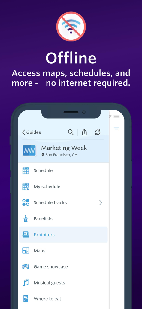 Screenshot of the Guidebook app highlighting offline access to event schedules, maps, and exhibitor lists without an internet connection.