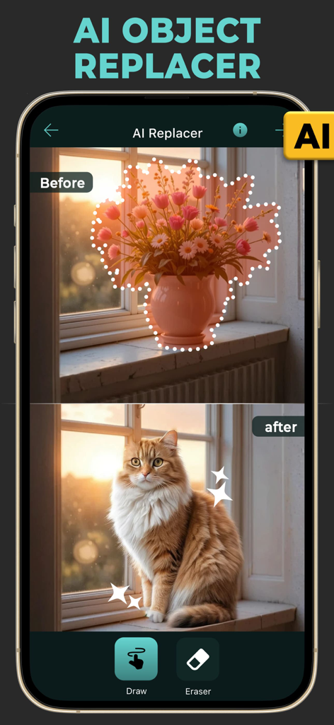 AIオブジェクトリプレイヤー機能。窓枠の上の花瓶が猫に置き換えられた様子を表示