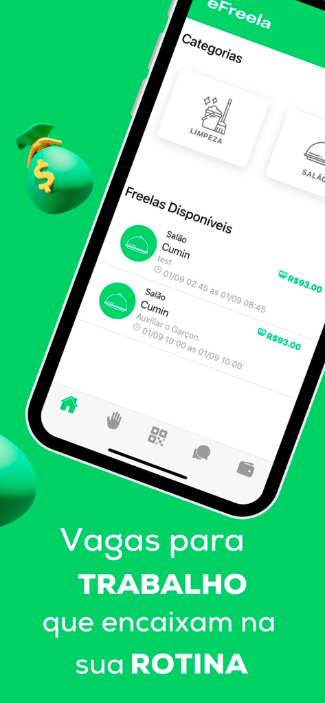 eFreela - Profissionais - Interface do aplicativo eFreela mostrando oportunidades de trabalho freelancer disponíveis com detalhes de pagamento