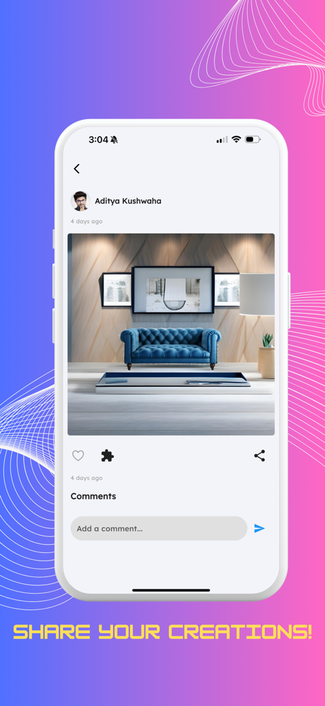 Una schermata dell'app mobile AIKO che mostra un post sui social media di un soggiorno generato dall'AI con opzioni per commentare, mettere mi piace e condividere.