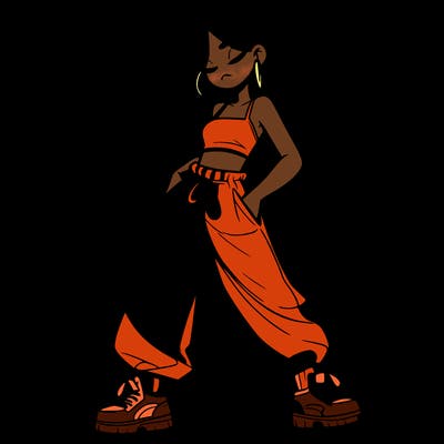 girl in baggy pants crop top and long hair