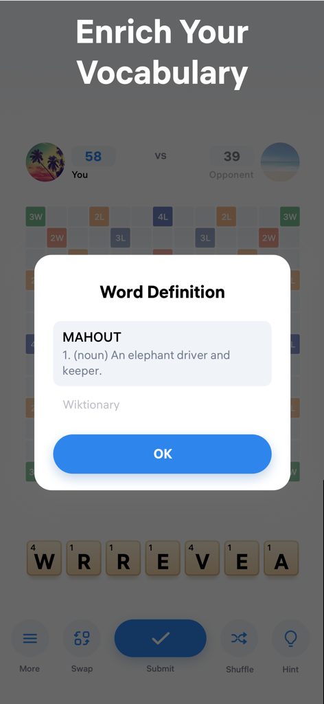 Easy Words - Word Puzzle Games - Easy Words 모바일 앱 스크린샷, 단어 MAHOUT에 대한 단어 정의 팝업과 사전 설명을 보여줌.