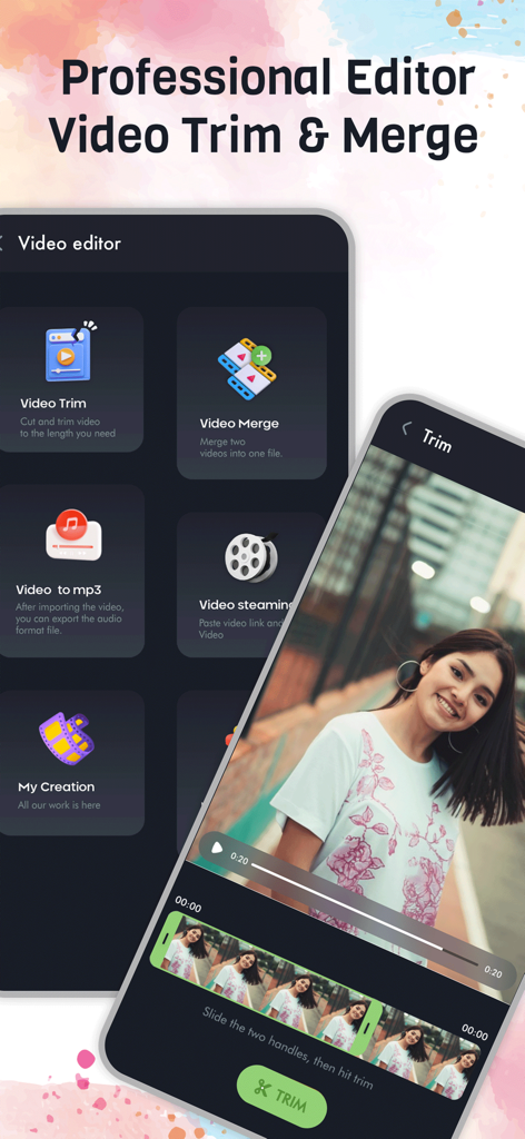 Schermata del professionale editor video dell'app MX Video Player HD con funzionalità di taglio e unione