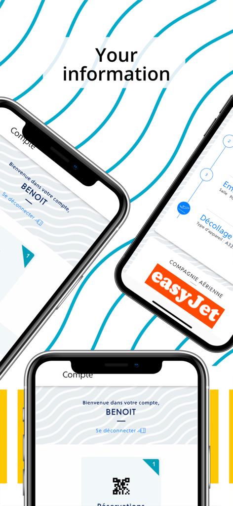 Aéroport Nice Côte d'Azur - Schermate mobili dell'app Aeroport Nice Cote d Azur che mostrano l'account utente e le informazioni sui voli