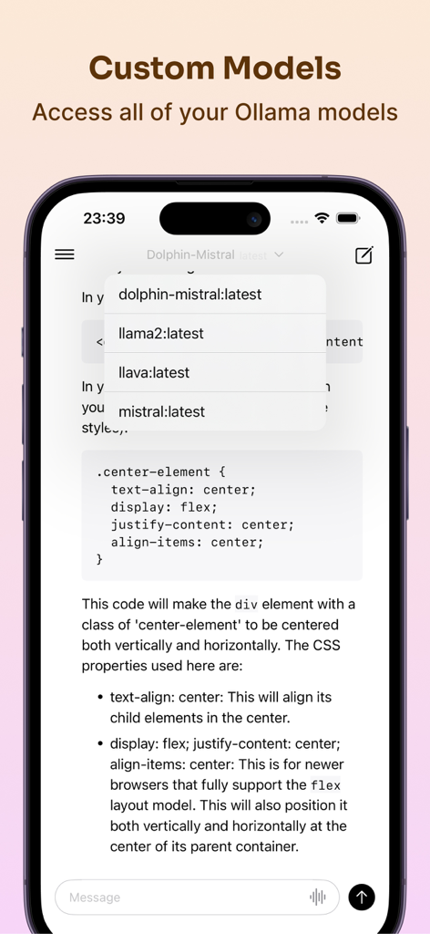 Enchanted Developers Only - A mobile interface for the Enchanted app showing a dropdown menu of self hosted Ollama models and a formatted CSS code block.