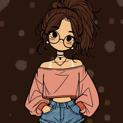 girl with a messy ponytail glasses a baggy crop top and jean shorts