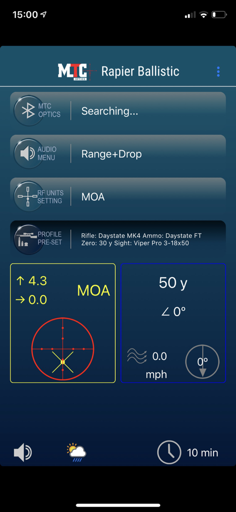 MTC Rapier Ballistic app screen showing ballistic calculations and technical shooting data