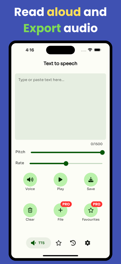 Text to Speech - TTS - Interfaz de la aplicación Texto a Voz con un área de entrada de texto y controles de personalización de audio para tono y velocidad