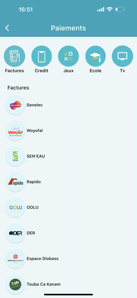 Wizall Money app screen for paying West African utility bills like Senelec and Woyofal