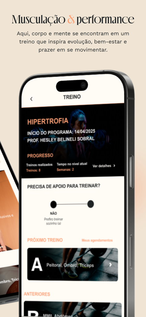 Captura de tela do Bio Ritmo App exibindo um plano de treino de hipertrofia e interface de rastreamento de progresso em um iPhone