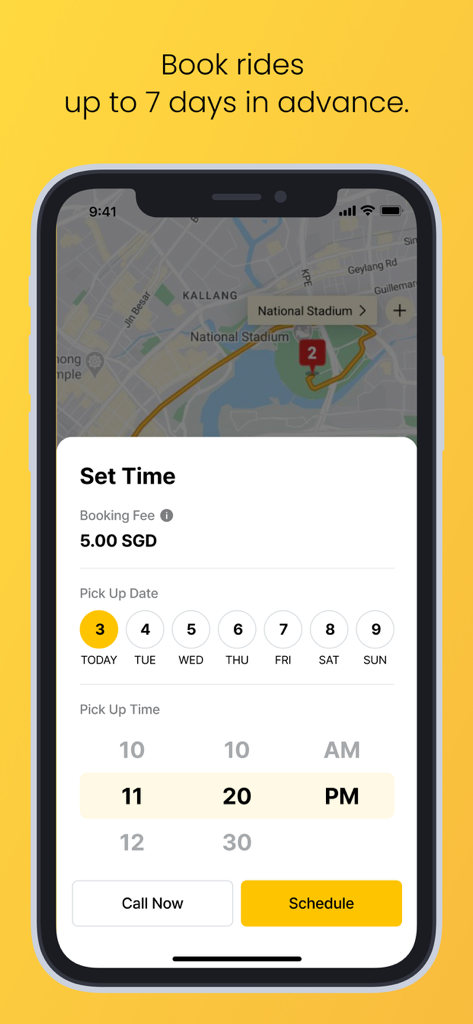 TADA – Ride Hailing - TADA ride hailing app interface showing the option to schedule a ride up to seven days in advance