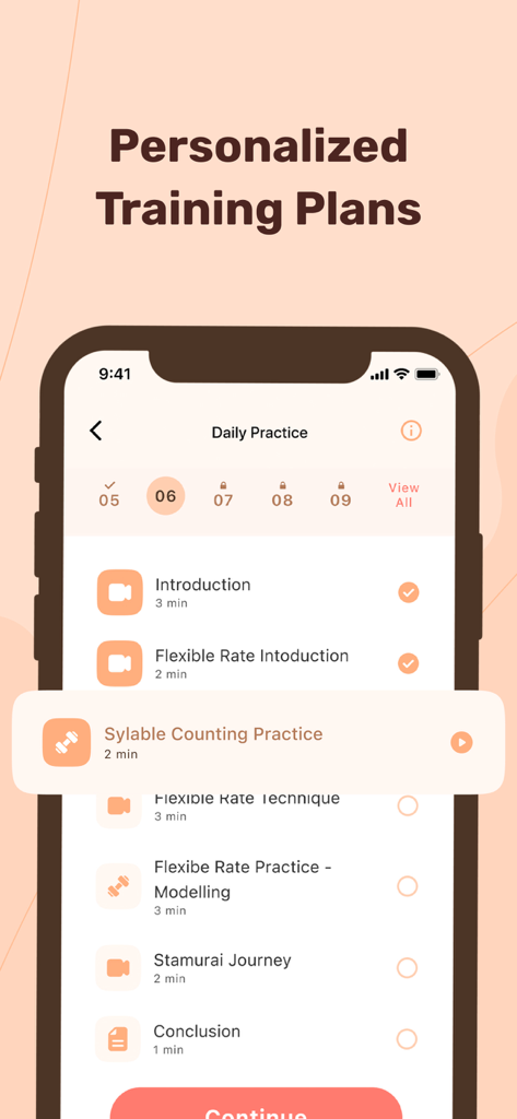 Stamurai: Stuttering Treatment - Stamurai app interface showing a list of personalized daily speech therapy exercises