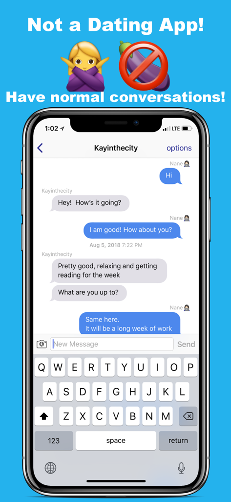 Bored Chat app interface showing a casual text conversation between two people with a tagline stating Not a Dating App.