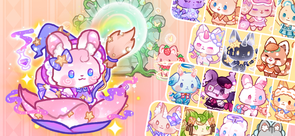 Una colección de lindos personajes de gatos mágicos de Lovely Cat Magic Academy City, con un gato mago y varios felinos vestidos.