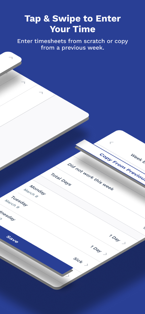 Magnit VMS Mobile app interface for worker timesheet entry and copying previous weeks