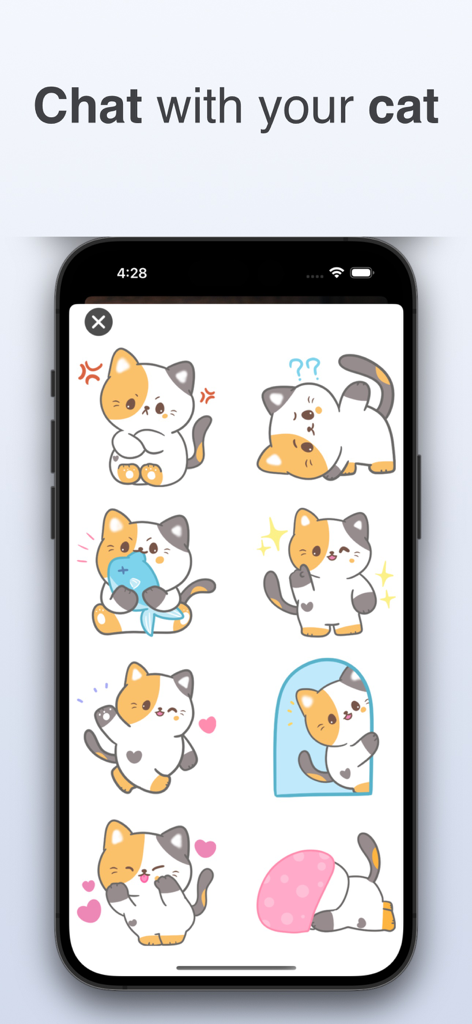 Dog & Cat Translator: Pet Chat - A screen showing various cute cartoon cat stickers with different expressions and poses for pet communication